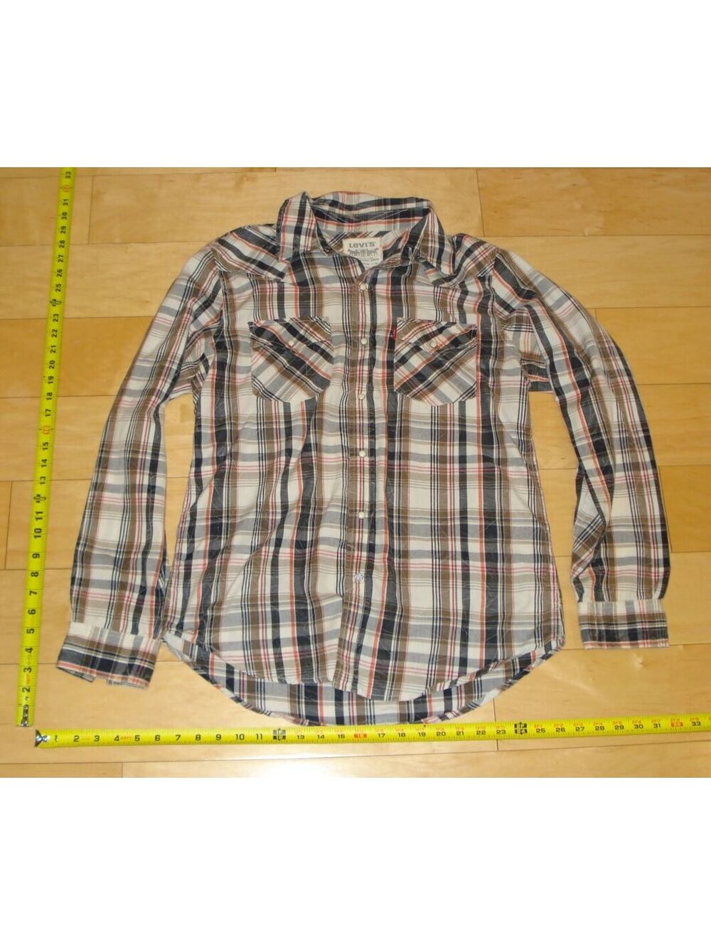 VTG Levi's Men's Western Pearl Snap Brown, Tan and Red Plaid Long Sleeve Sz M